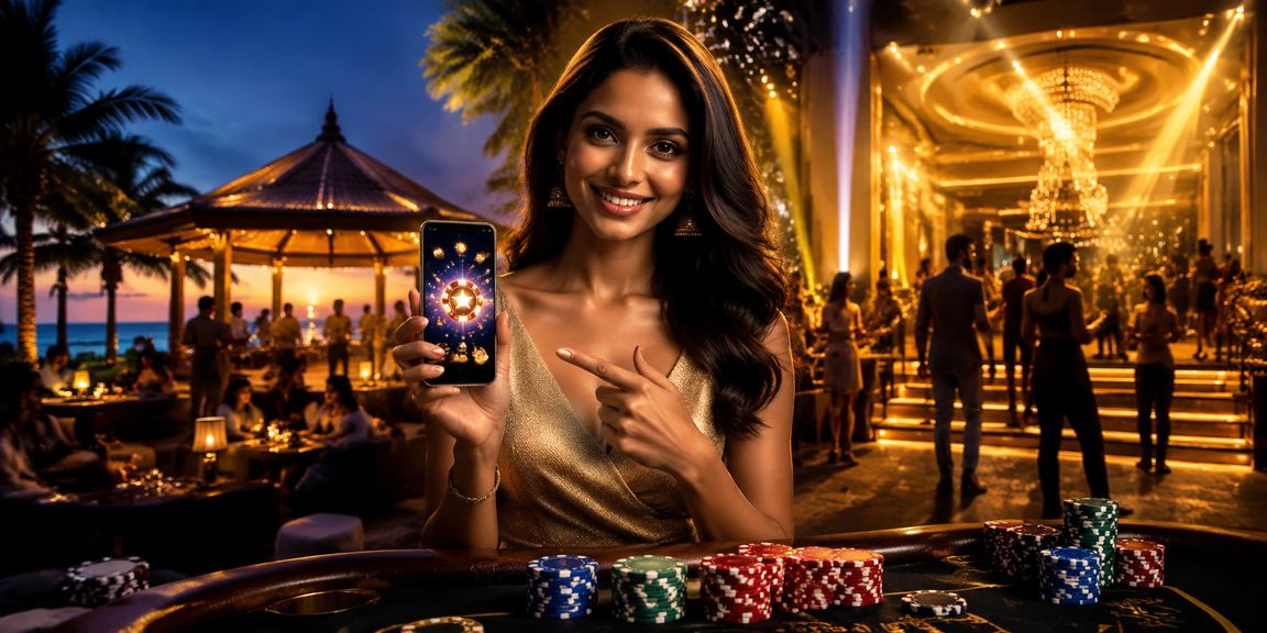 Modern beach side casino lounge with mobile gaming at sunset