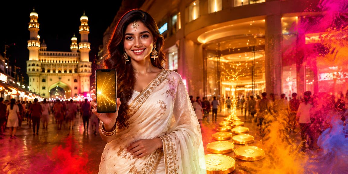 Hyderabad Charminar night with casino app on smartphone
