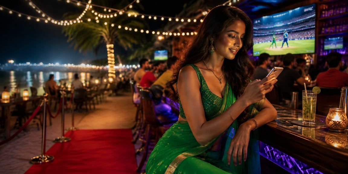 An enthusiastic cricket fan betting live in traditional Indian saree